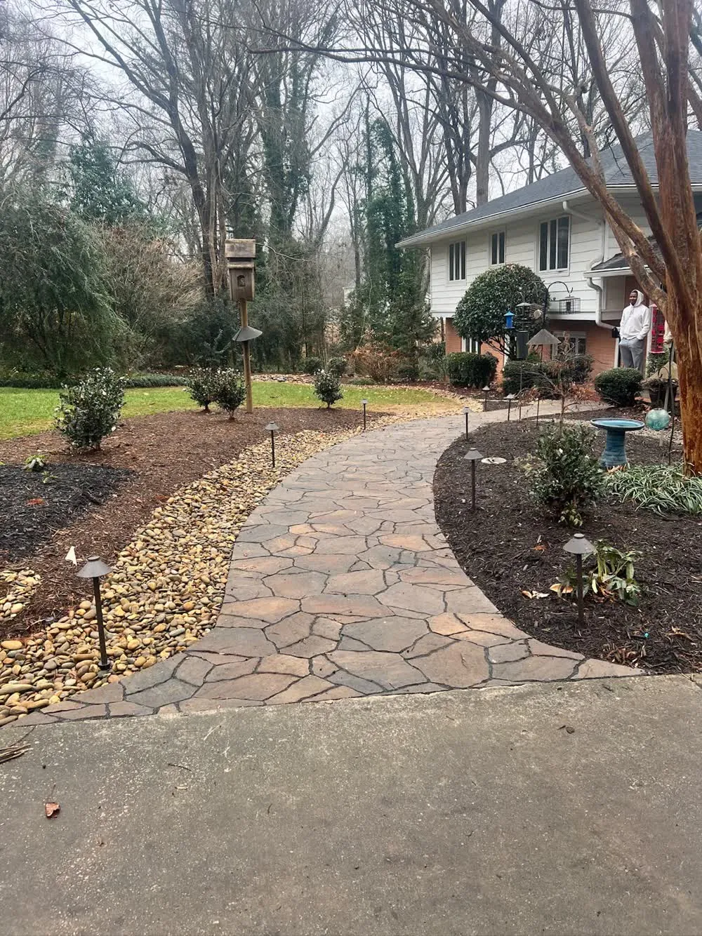 Flagstone walkway with landscape lighting