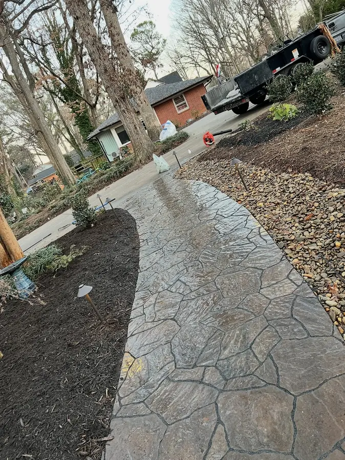Front walkway with new mulched beds