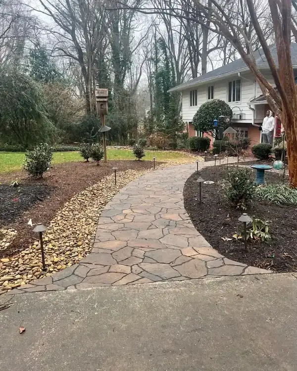 Flagstone walkway with path lights
